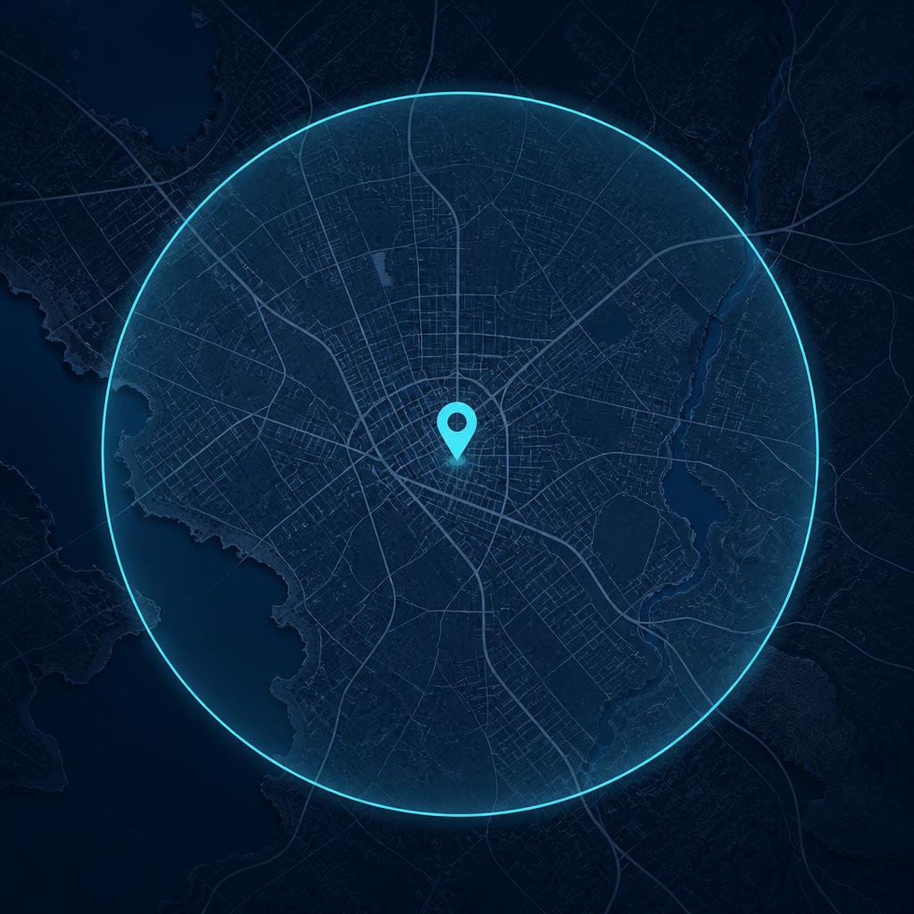 Map showing a targeted service-area territory outlined in aqua