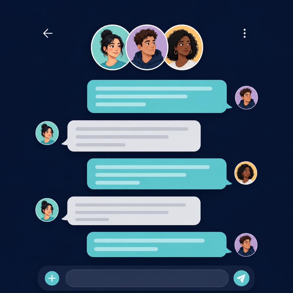 Illustration of a 3-person group chat with message bubbles